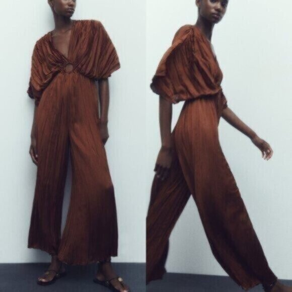 Zara Brown Wrinkled Satin Effect Jumpsuit Size XS Women - Picture 1 of 8